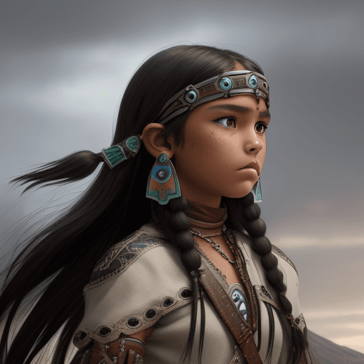 AI generated: Sioux teen girl, beautiful, dramatic, powerful, main character in epic fantasy, detailed