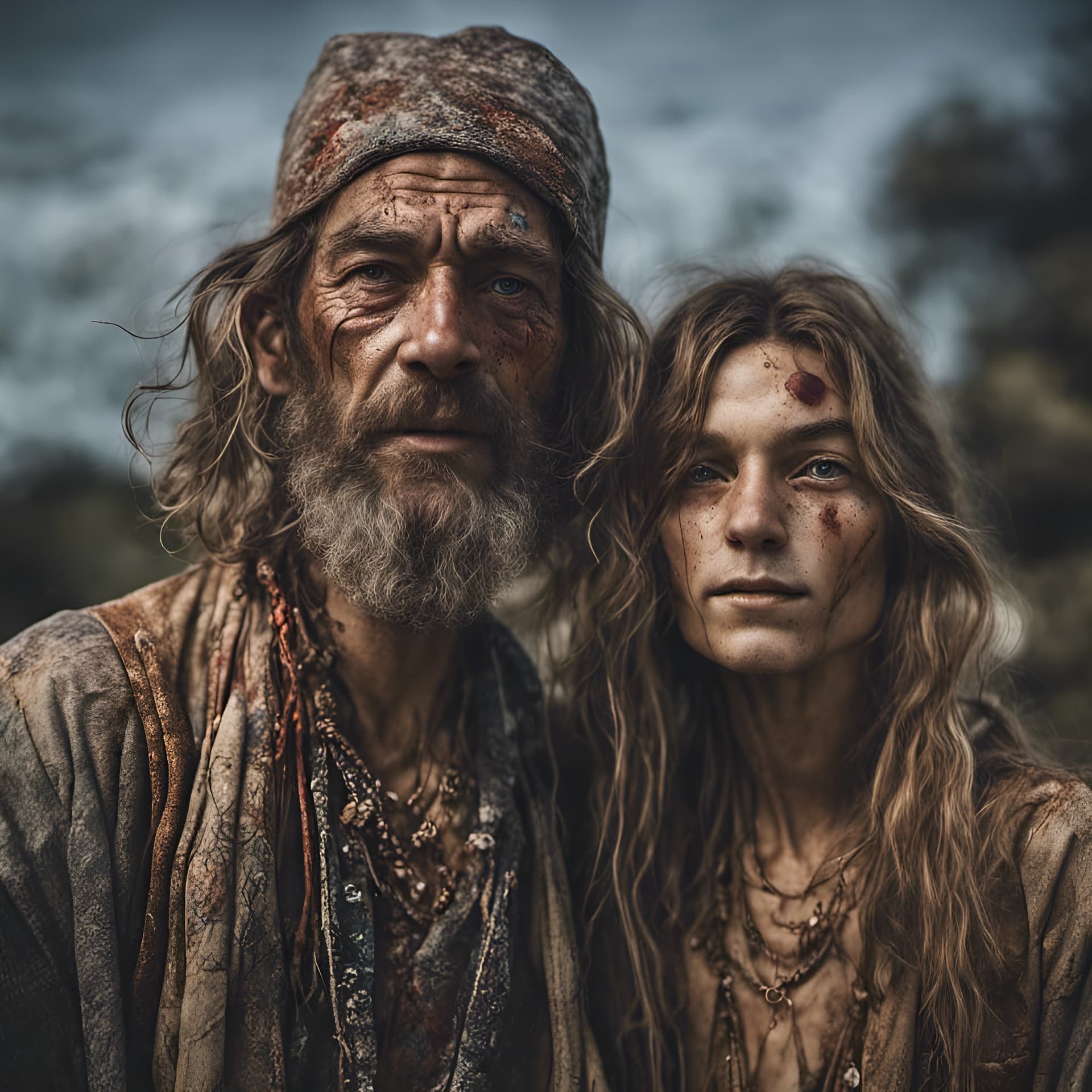 AI generated: Two hippies Close up portrait, ambient light, Nikon 15mm f/1.8G, by Lee Jeffries, Alessio Albi, Adri...