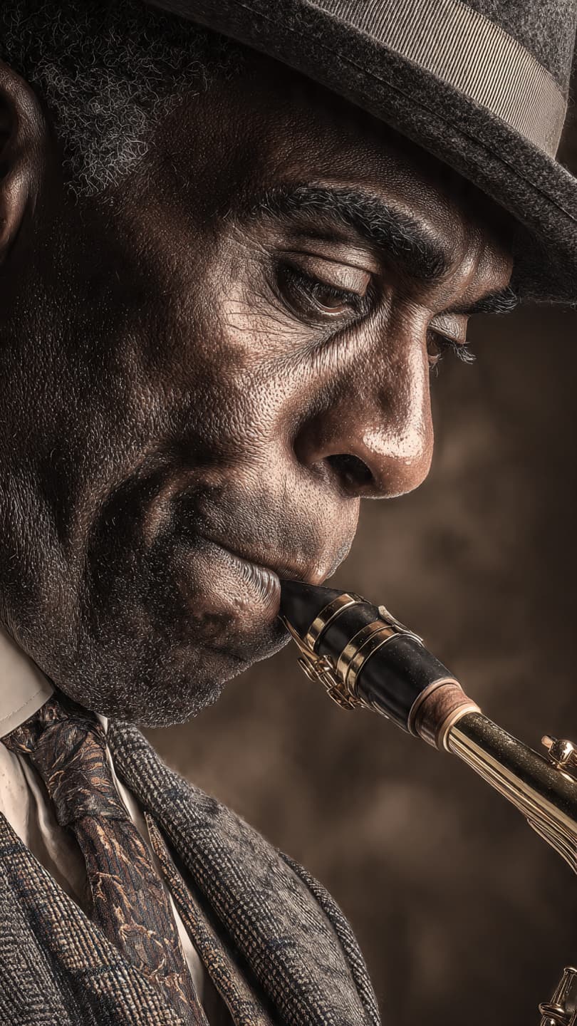 AI generated: Close-up shot, commercial photography, face of a middle-aged black saxophonist playing jazz, clothin...