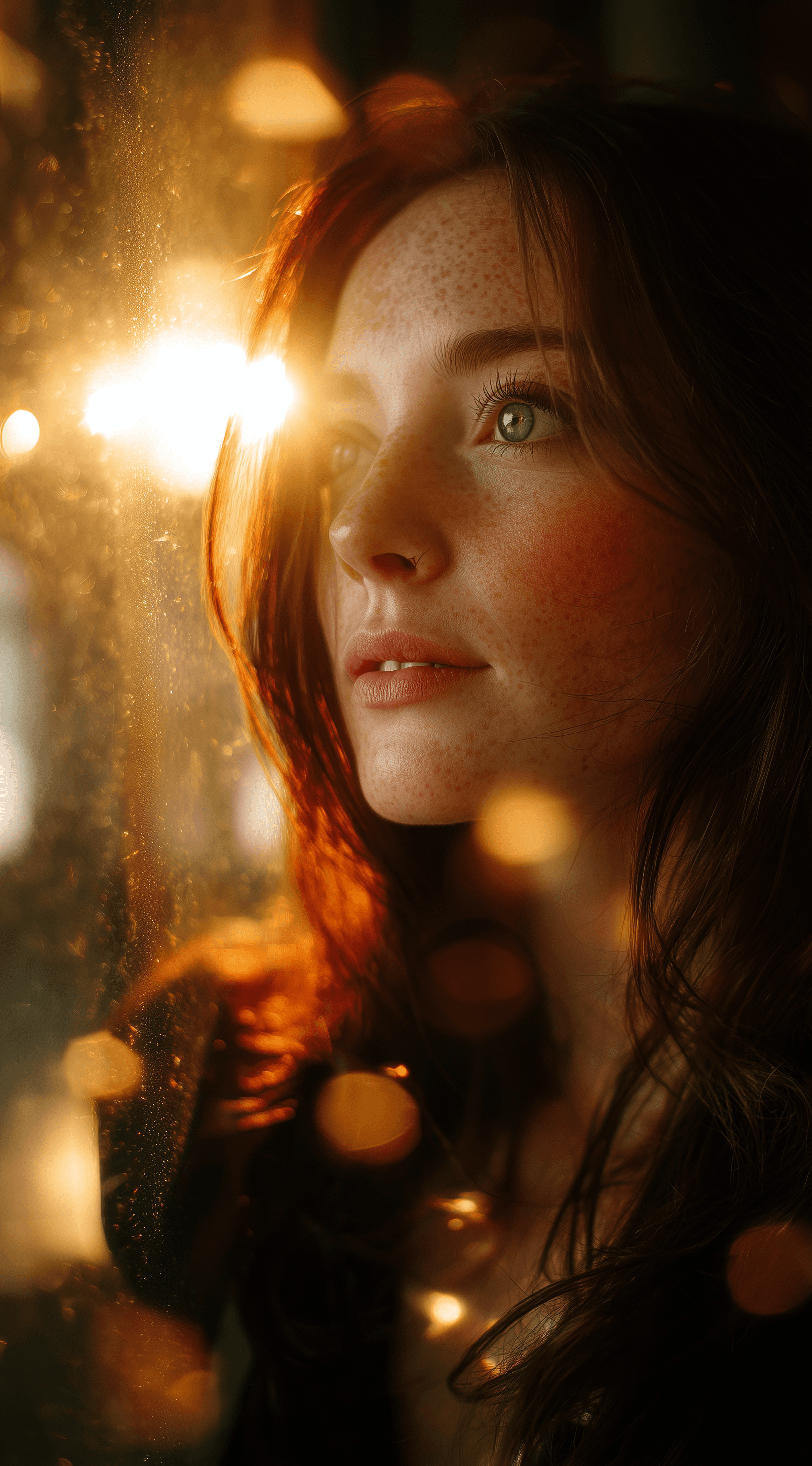AI generated: Portrait of a woman in boho-chic , bathed in sunlight with a lens flare effect. She is gazing out a ...
