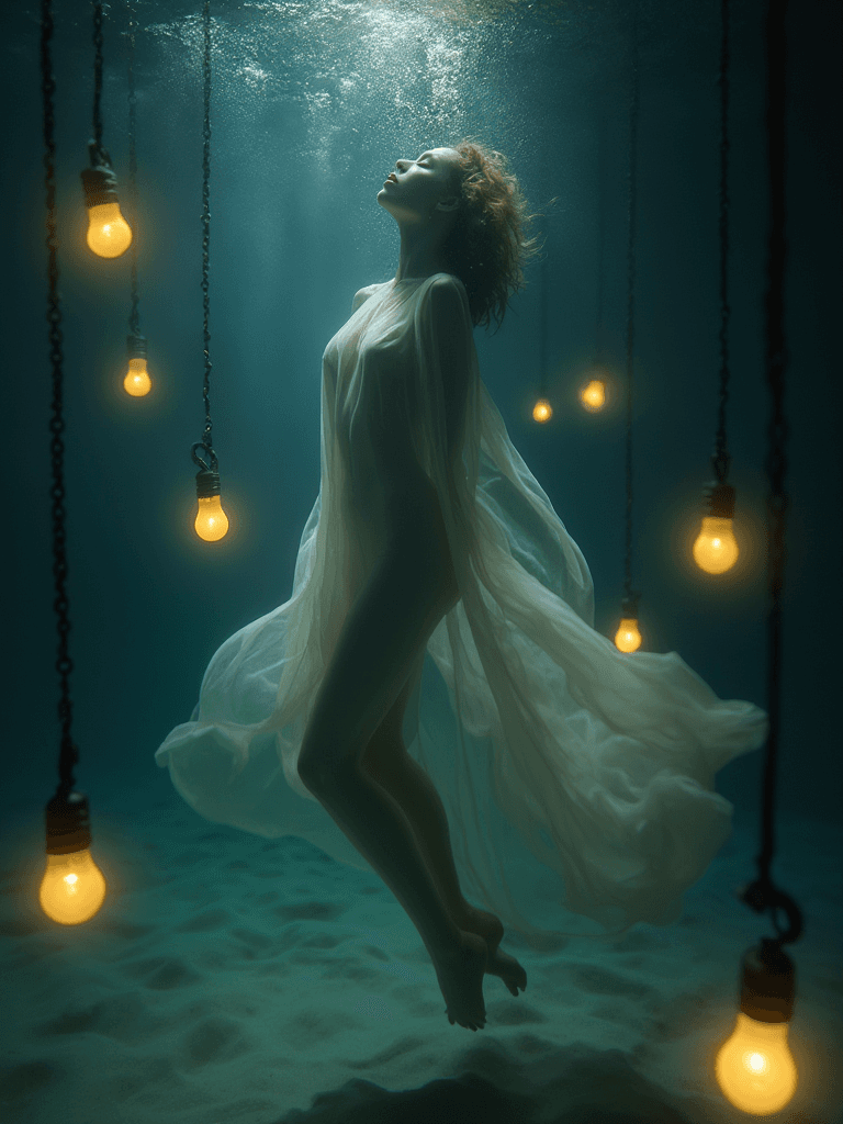 AI generated: (A hyper-realistic, masterpiece-level color photograph:1.3) of a beautiful woman floating underwater...