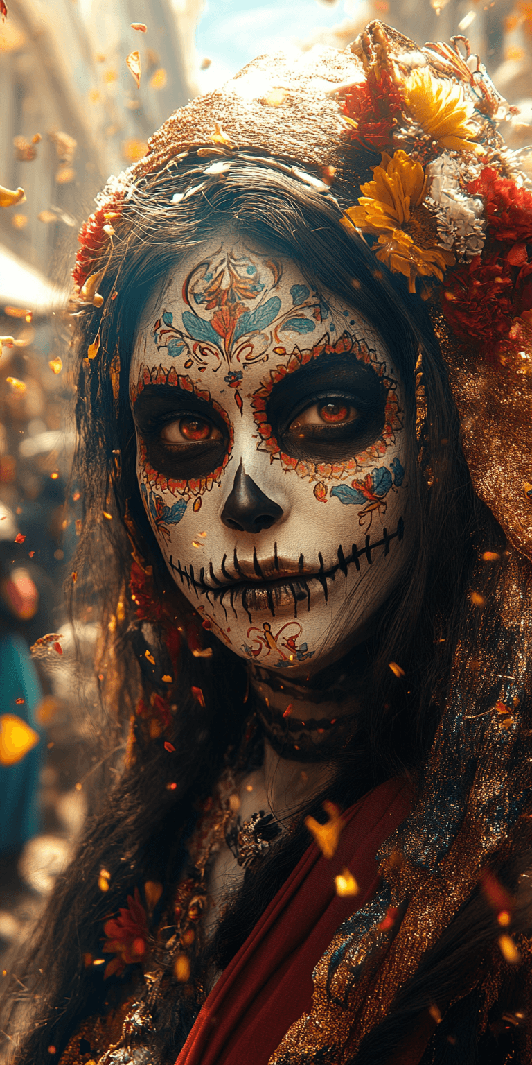 AI generated: Dias de los Muertos Parade in Mexico City, high-resolution photography, ultra-realistic --ar 1:2 --s...