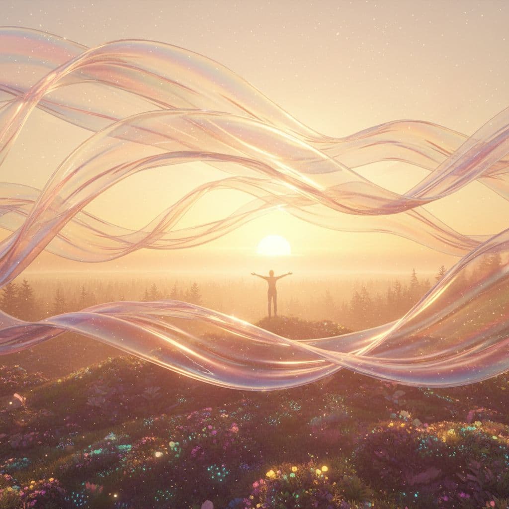 AI generated: gusts as glowing ribbons visualized as holographic waves in a luminous and hopeful tone, rendered in...