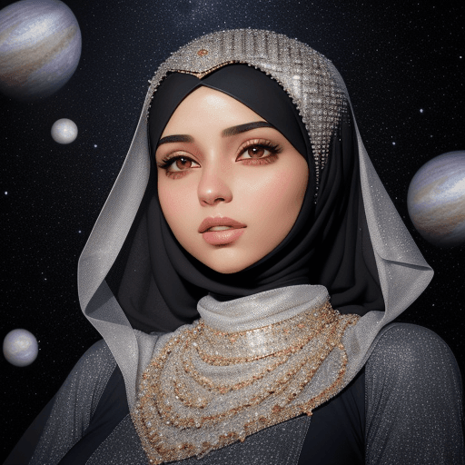 AI generated: Muslim hijabi women covered in diamonds, hyper realistic, floating in the universe --ar 9:16