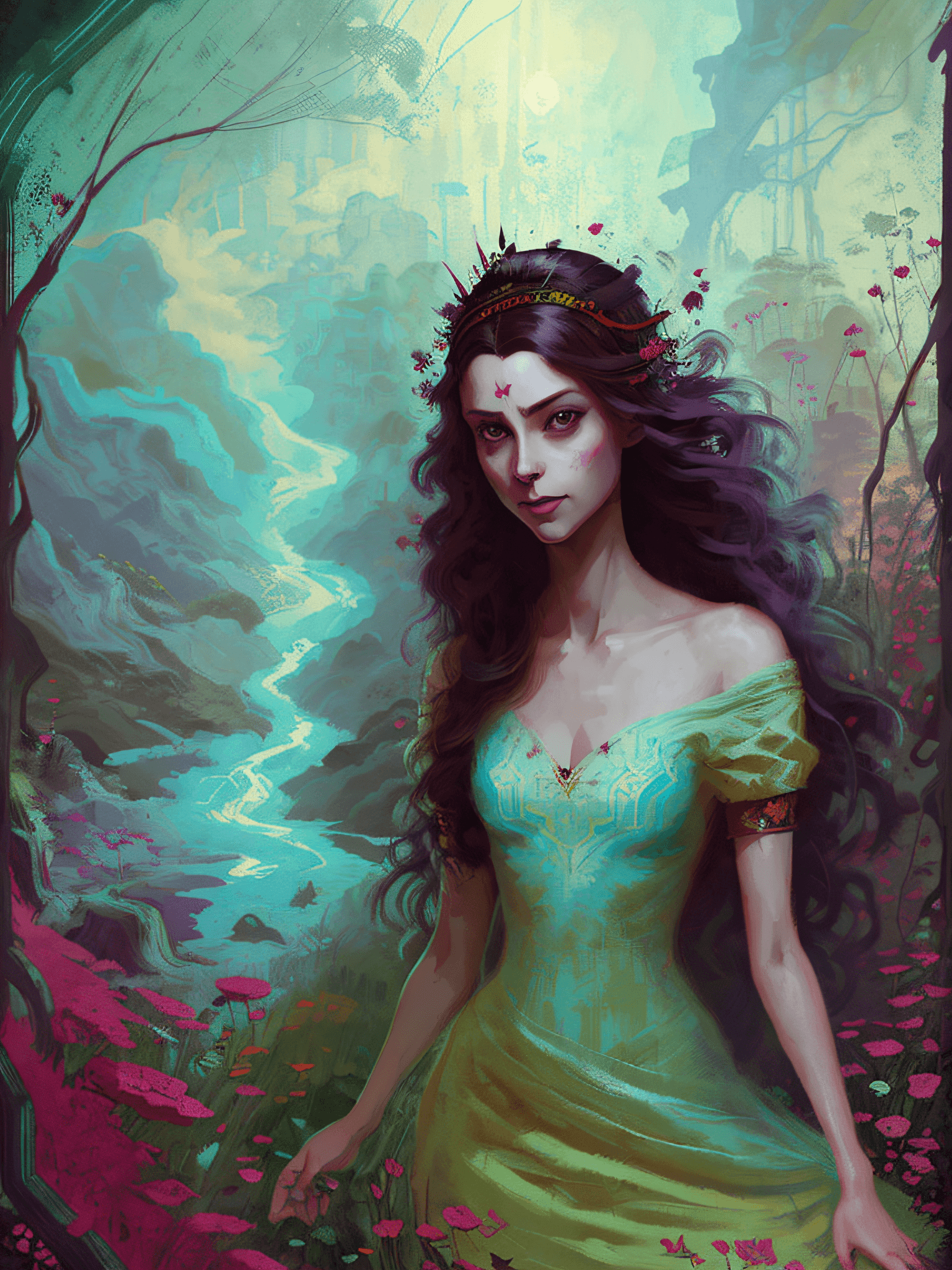 AI generated: a painting of a woman in a dress standing in a forest by a lake with flowers in her hair, Charlie Bo...