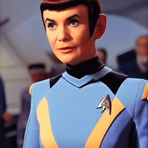 AI generated: A Vulcan in the Star Trek tradition with pointed ears and Star Trek Uniform