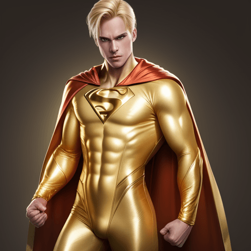 AI generated: male superhero named champion blond hair, skin tight gold suit without logo, gold cape
