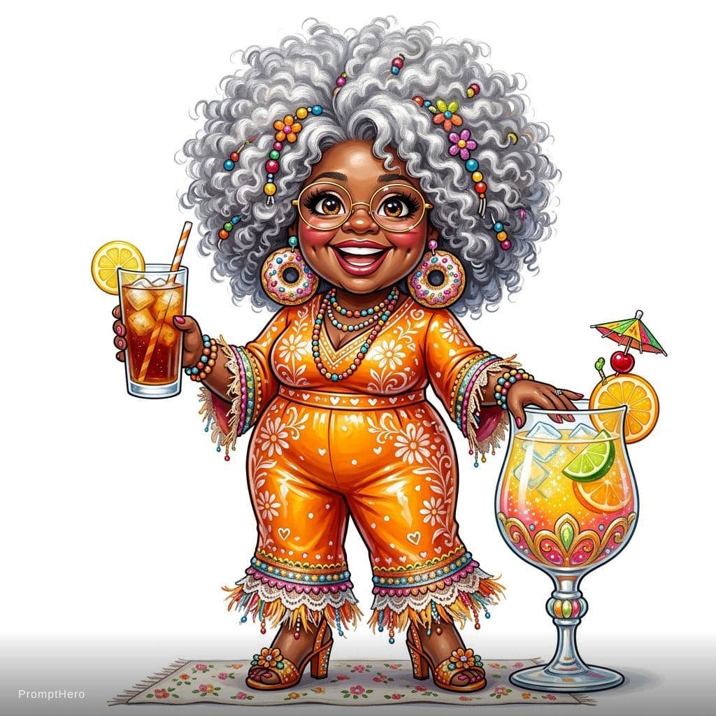 AI generated:  Cute caricature in glossy acrylic oil, Mary Engelbreit, full-bodyCartoon style of a cheerful black ...