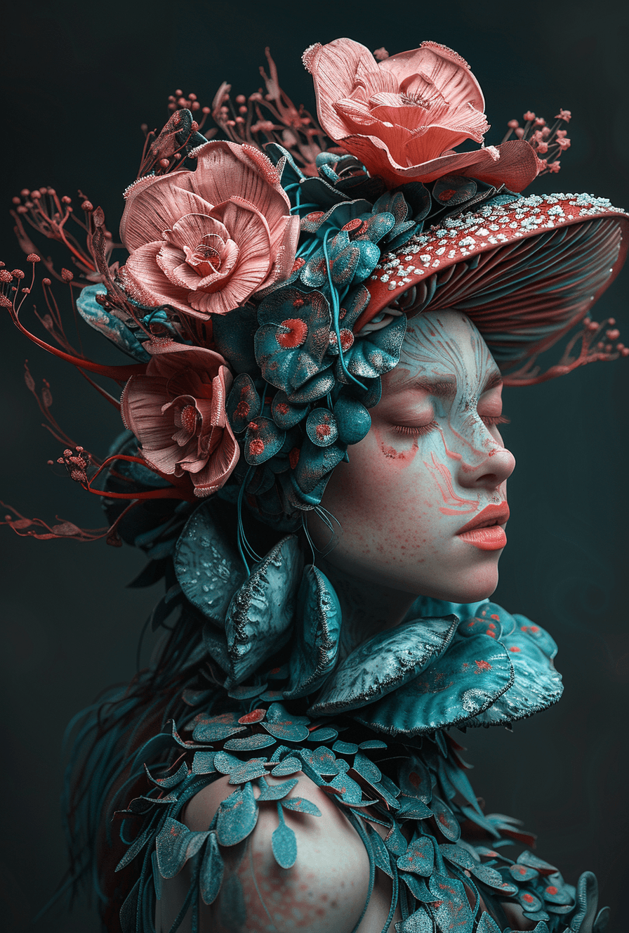 AI generated: a woman with a mushroom mane with a pink flower on her head, in the style of fantastical, otherworld...