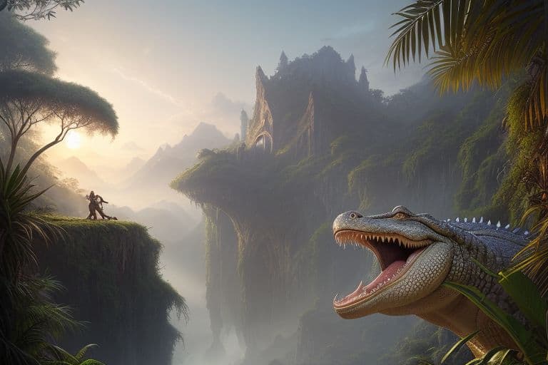 AI generated: Hyper realistic eye level exterior photo of crocodile monster, in the jungle, at nighttime, furry-dr...