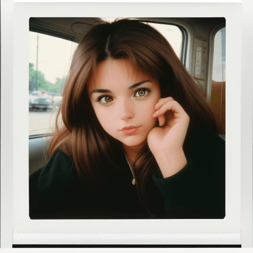 AI generated: Candid photo of an attractive brown haired woman, 25-30 years old, in 90s style, taken on Polaroid -...
