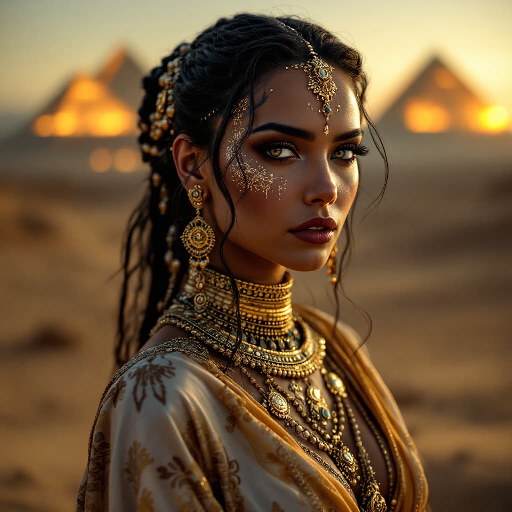 AI generated: "Portrait of a mystical Arabian queen, elegant golden jewelry, intricate face tattoos, flowing silk ...