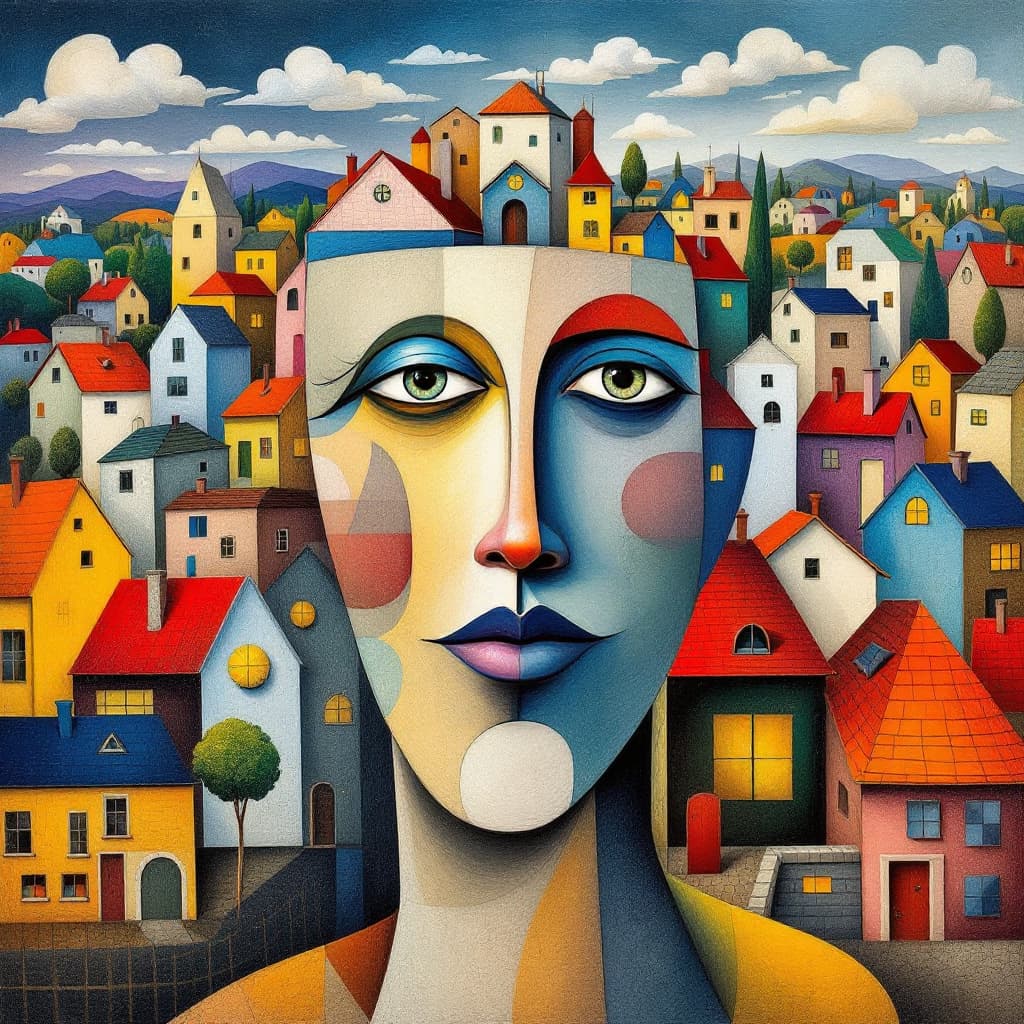AI generated: Picasso and Salvador Dali inspired painting of a  lot faces in an intricate town where homes are not...