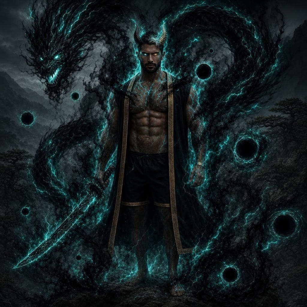 AI generated: make this man emanate a teal god like aura that controls black holes, shadows and black lightning wi...