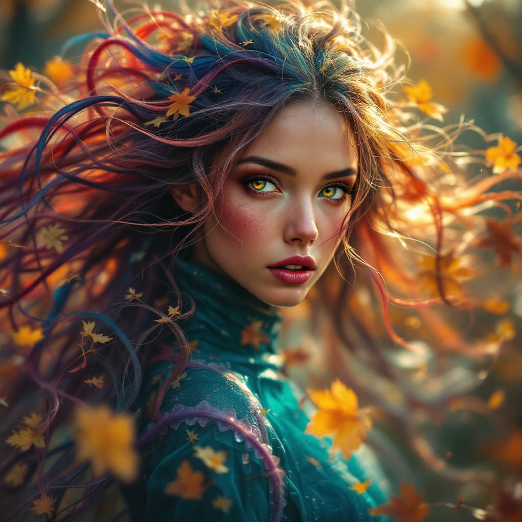 AI generated: beautiful angle view of Species woman individual from another planet with multicolored hair, beautif...
