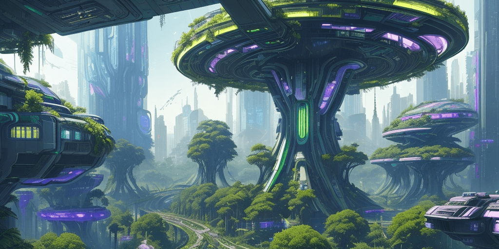 AI generated: a view of a city with a lot of trees and bushes, garden, a lot of flying objects , future city, in f...