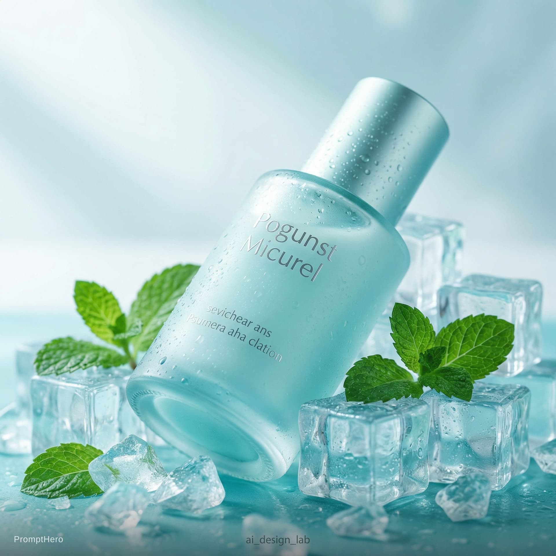 AI generated: Cool-toned cosmetic photography, a frosted glass moisturizer bottle resting on artificial ice cubes,...