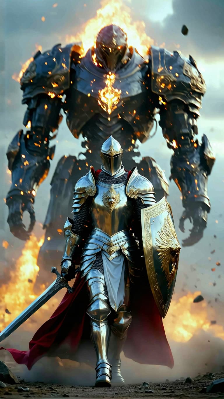 AI generated: An ultra-realistic, zoomed out, front facing, full-body portrait of a noble Paladin in gleaming silv...