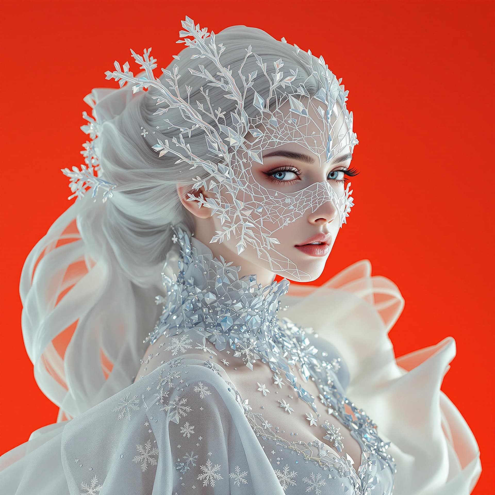 AI generated: A hyper-realistic portrait, in HD, 8K, of a woman wearing a full mask sculpted from shimmering ice a...