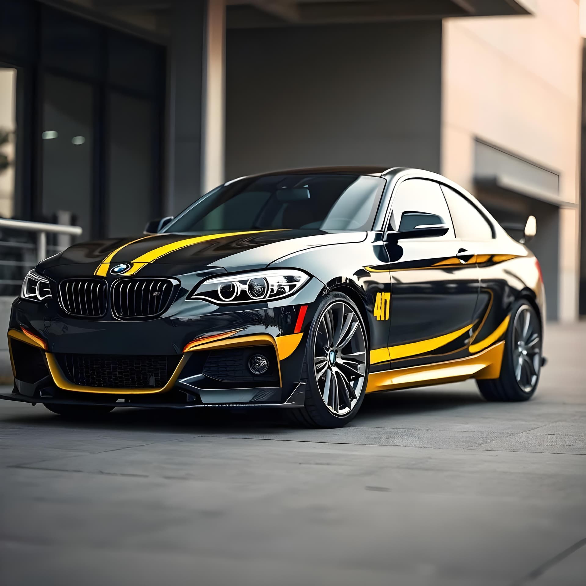 AI generated: A BMW 235i with a black and yellow livery, featuring a sporty and elegant design inspired by racing ...