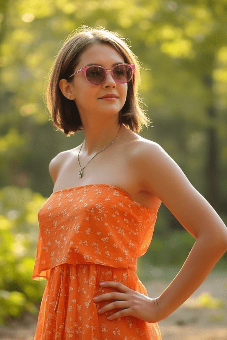 AI generated: A fit adult woman stands outdoors in a sunlit park setting. She is wearing a strapless orange dress ...