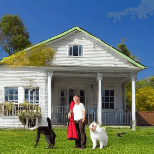 AI generated: house with person standing in front with a cat and dog next to them. The house has a big sign that s...