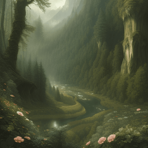 AI generated: a beautiful and highly detailed matte painting of a dreamy valley deep in the foresty mountains, epi...
