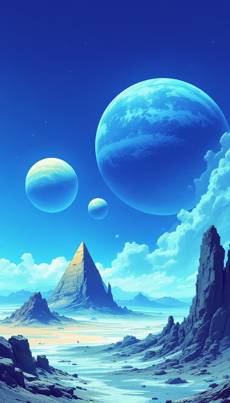 AI generated: A blue sky with three large planets in the background, a few huge triangle-shaped structures on top ...