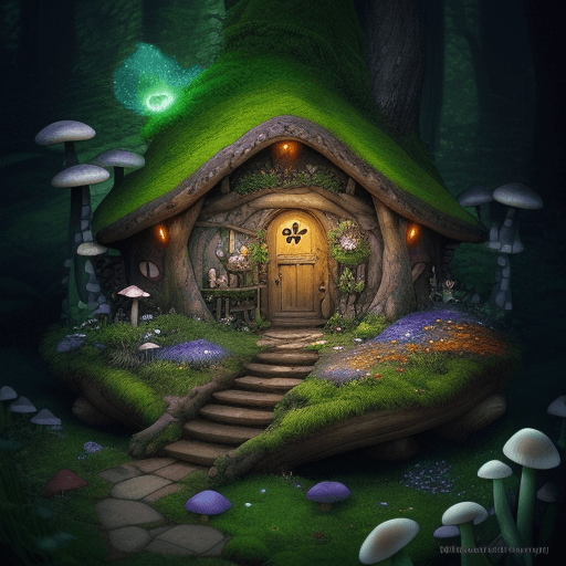 AI generated: fireflys flowing around a hobbit house covered in moss, mushrooms and flowers, Enchanted forest, hig...