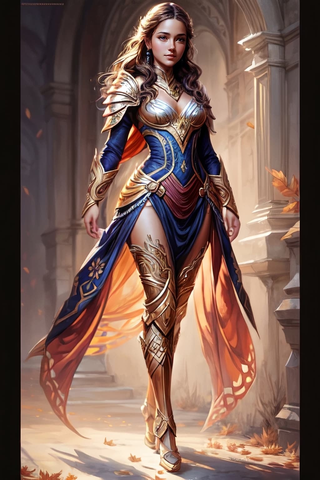 AI generated: full body portrait of Dilraba, slight smile, diffuse natural sun lights, autumn lights, highly detai...