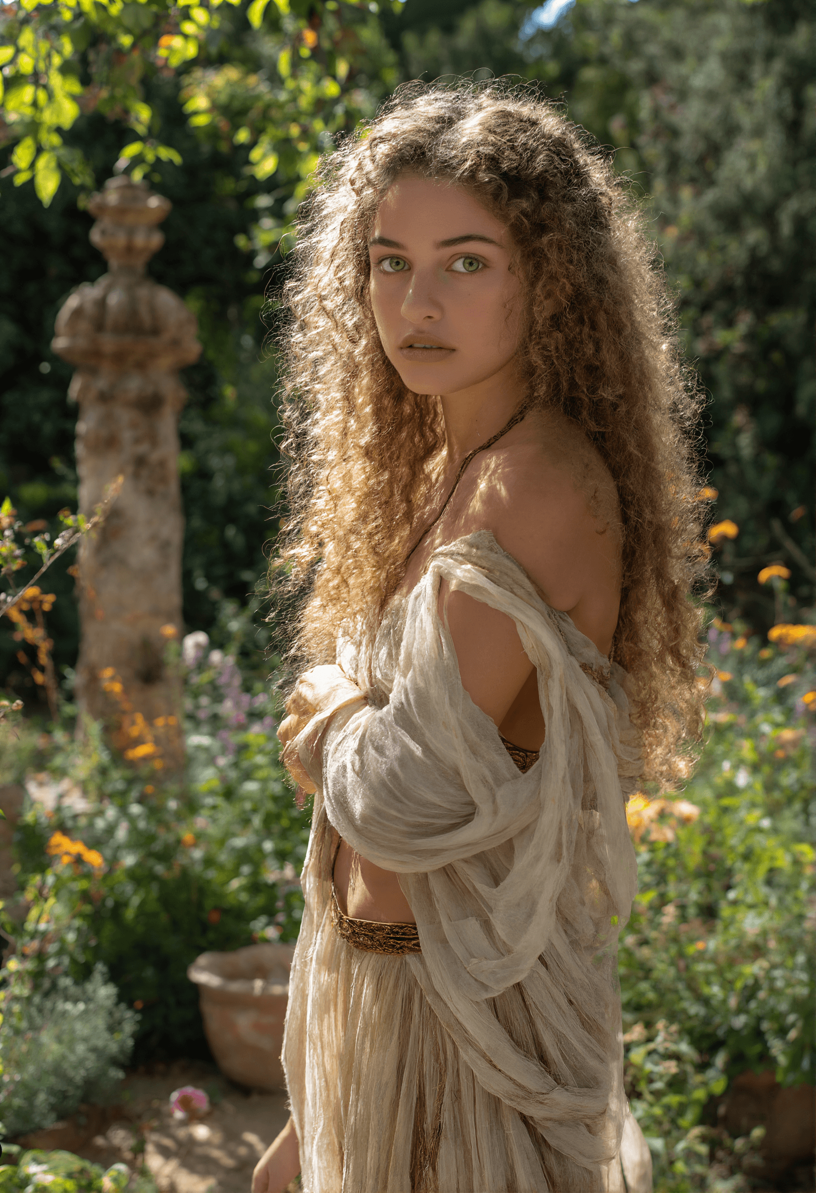 AI generated: A timeless beauty of a young female, with green eyes and curly blonde hair, ancient sensual attire, ...