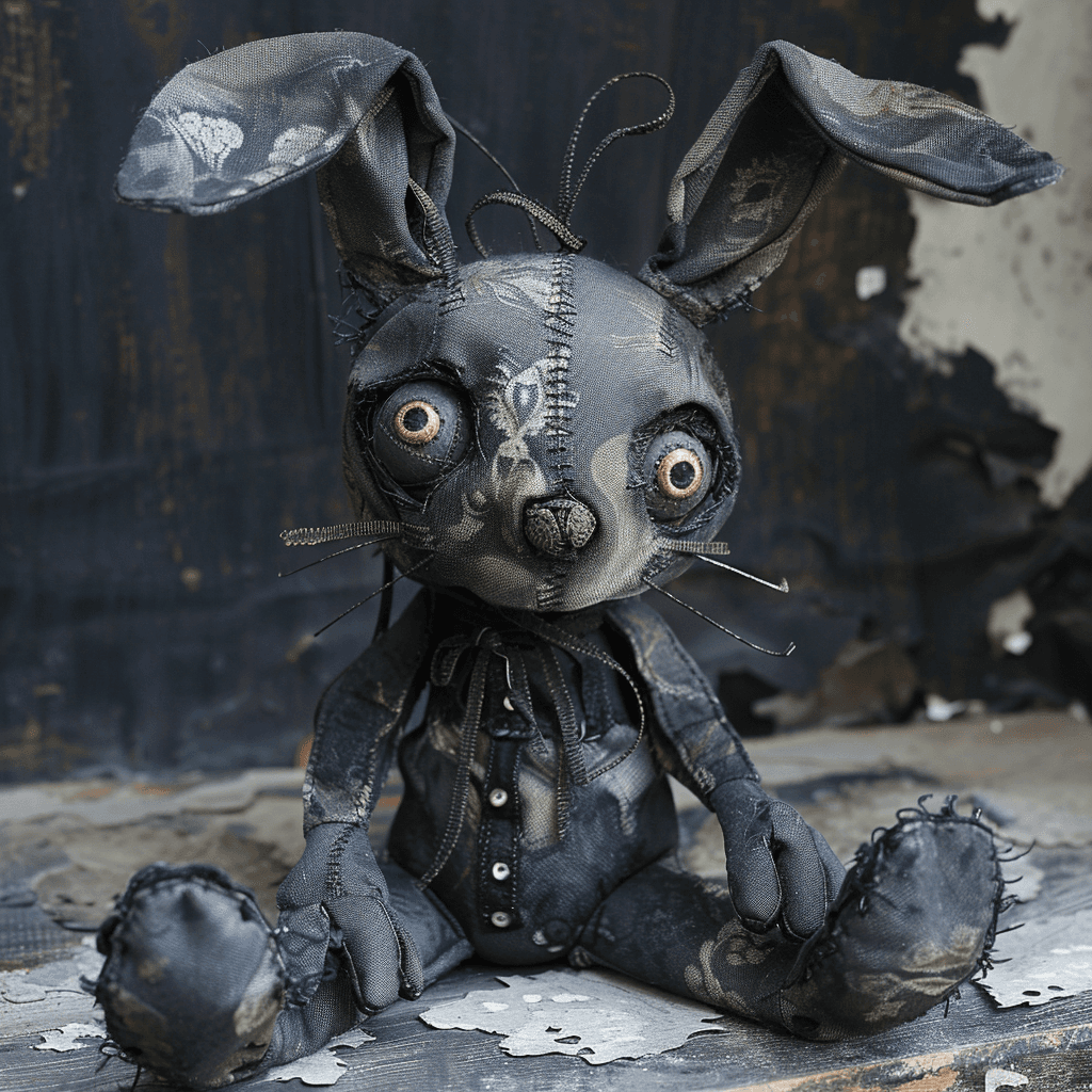 AI generated: an anthropomorphic rag rabbit, handmade, in the style of a short horror film, gothic, high level of ...