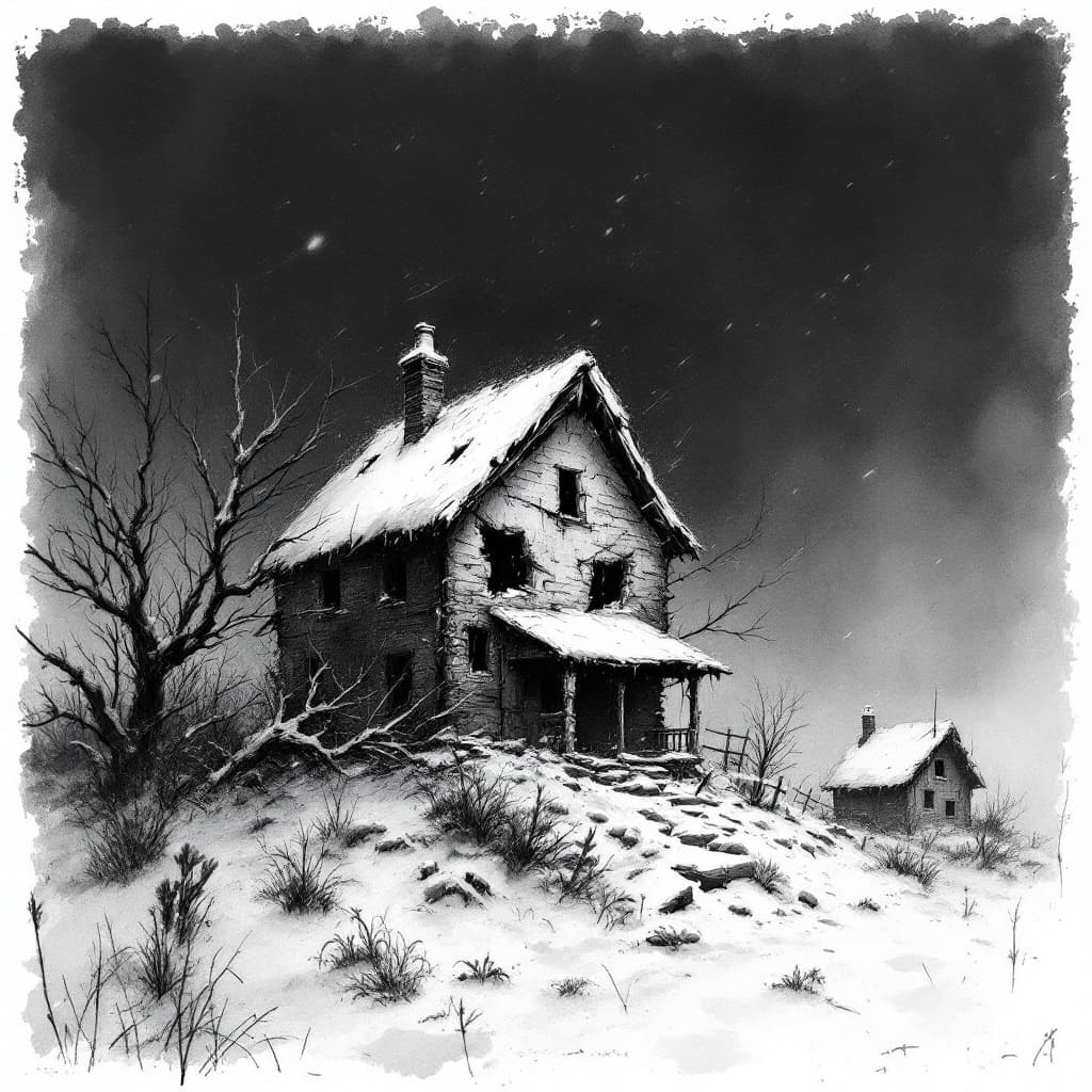 AI generated: a wet ink, charcoal sketch of snow covered broken house, december, night, howling wind, motion, snow...