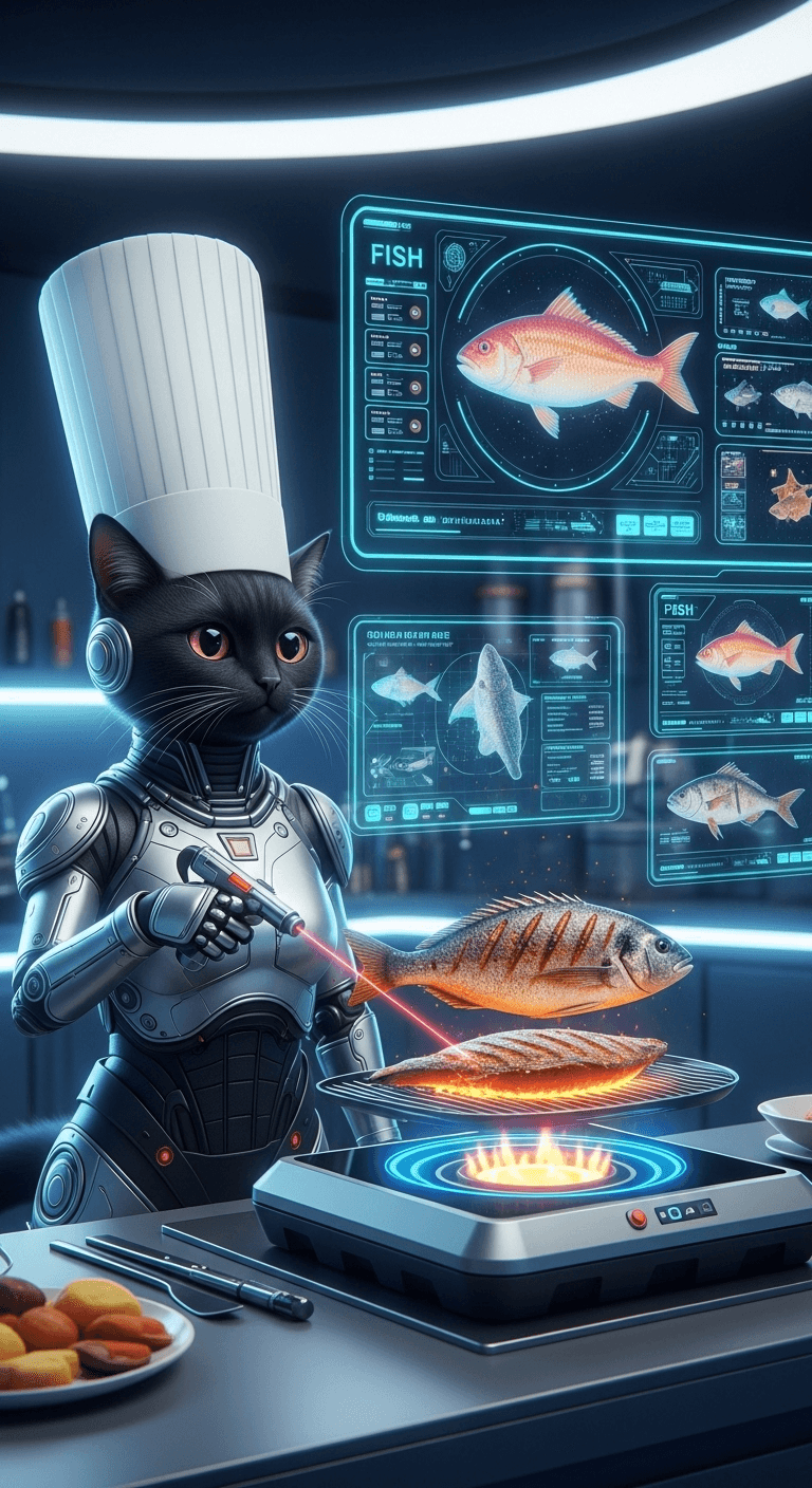 AI generated: A cat in a silver futuristic cybernetic suit with a chef's hat is frying a grilled fish meat that fl...
