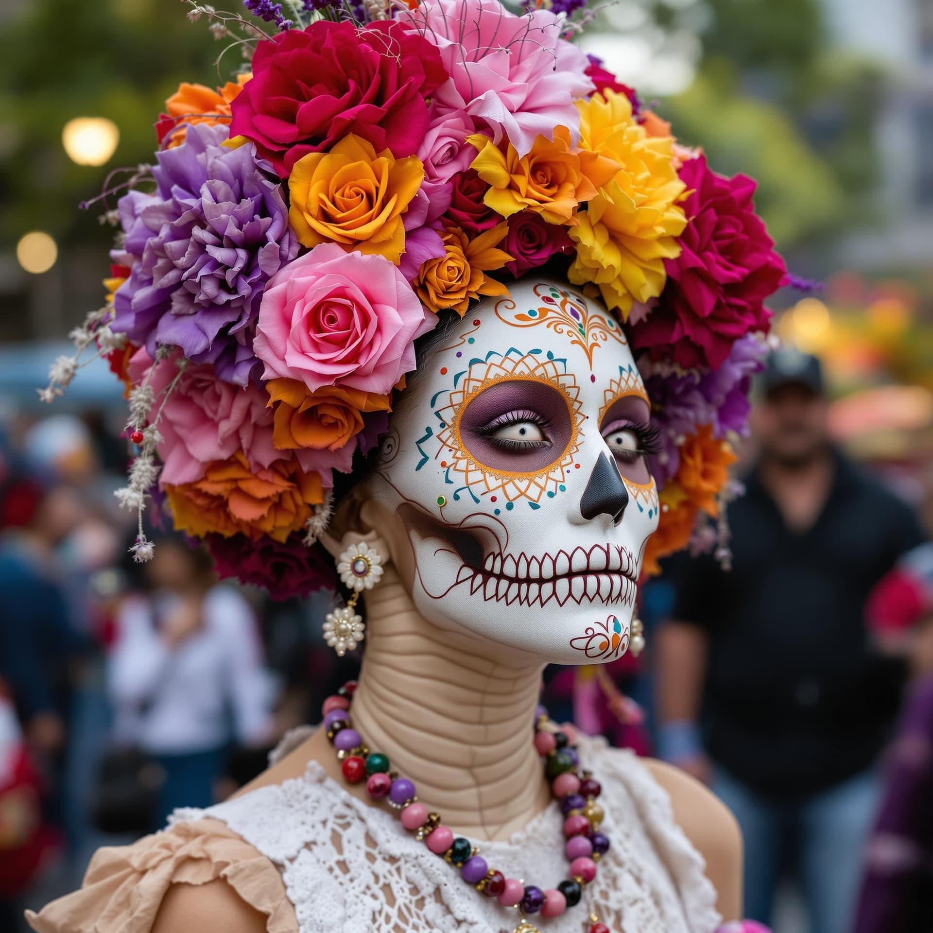 AI generated: woman participates in a Dias de los Muertos Parade in Mexico City, marzipan, surreal, weird
