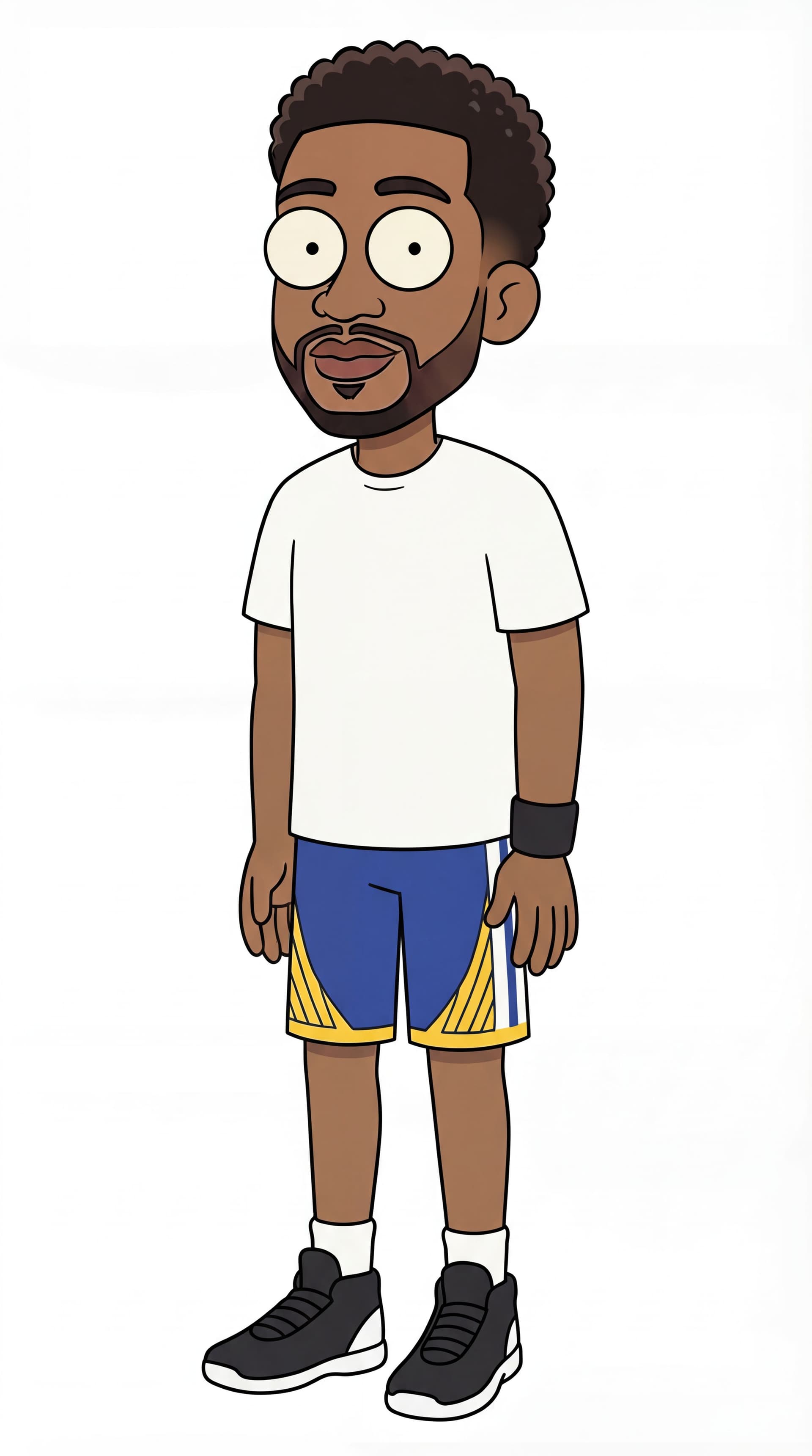 AI generated: make him wear a white t shirt and some blue yellow basketball shorts and some black white basketball...