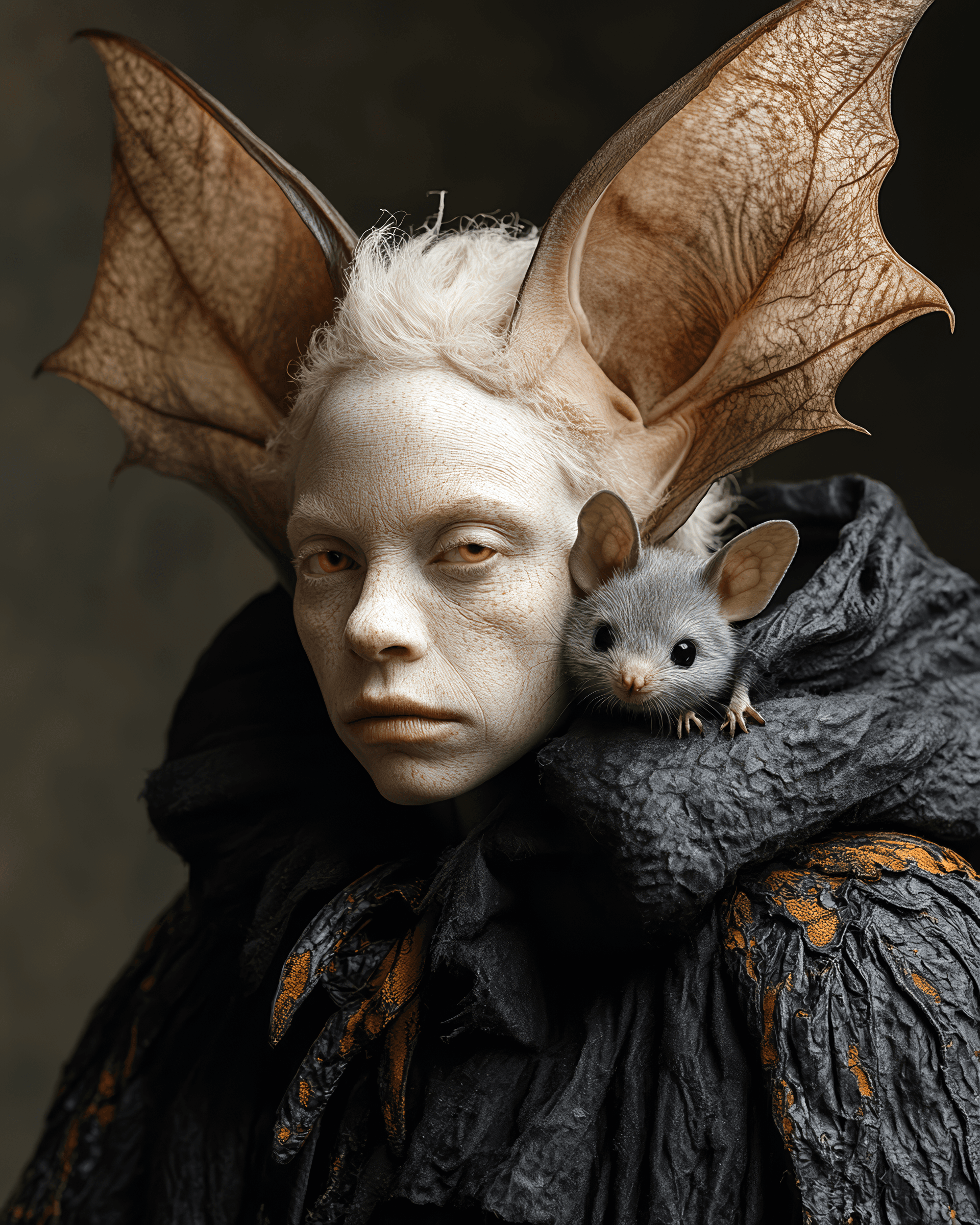 AI generated: An albino woman with large bat wings, pale white skin and hair, pink eyes, and a small grey mouse on...