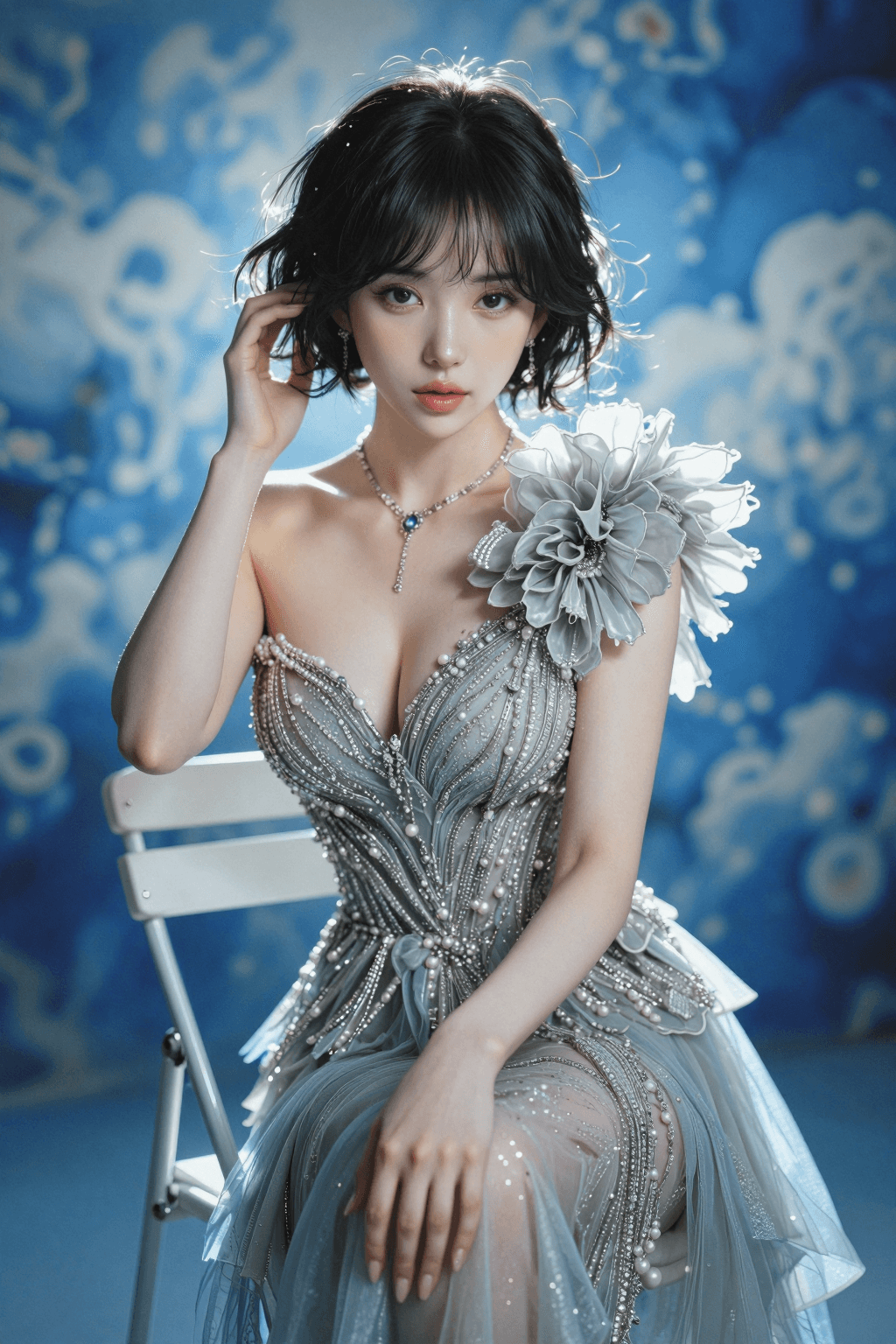 AI generated: A highly detailed, photorealistic, cinematic vertical medium shot of a stunning young East Asian wom...