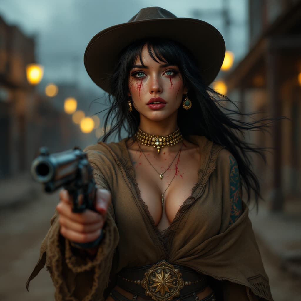 AI generated: HD hyper realistic zoomed out full body photo of beautiful, female equivalent of Clint Eastwoods man...