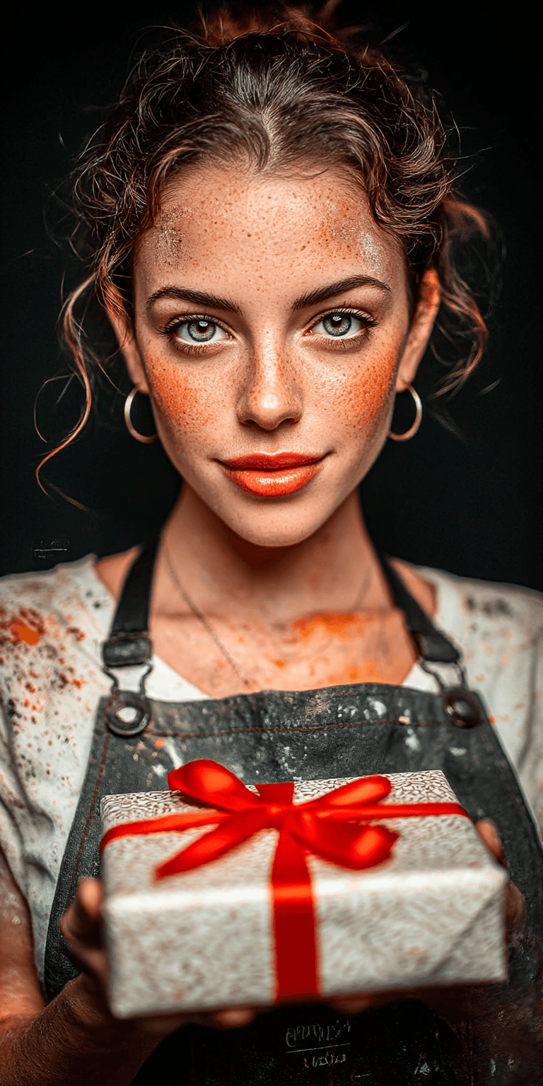 AI generated: A happy woman in an apron holds out a wrapped gift box with a red ribbon to the camera. Her are stai...