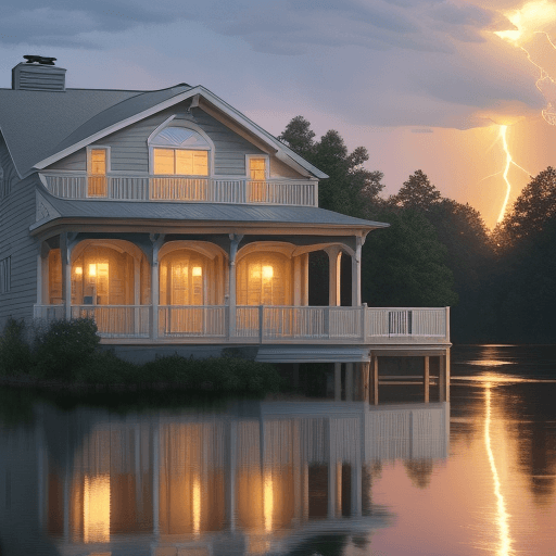 AI generated: Hyper-realistic, American styled house with covered balcony on the front, lake side, golden hour lig...