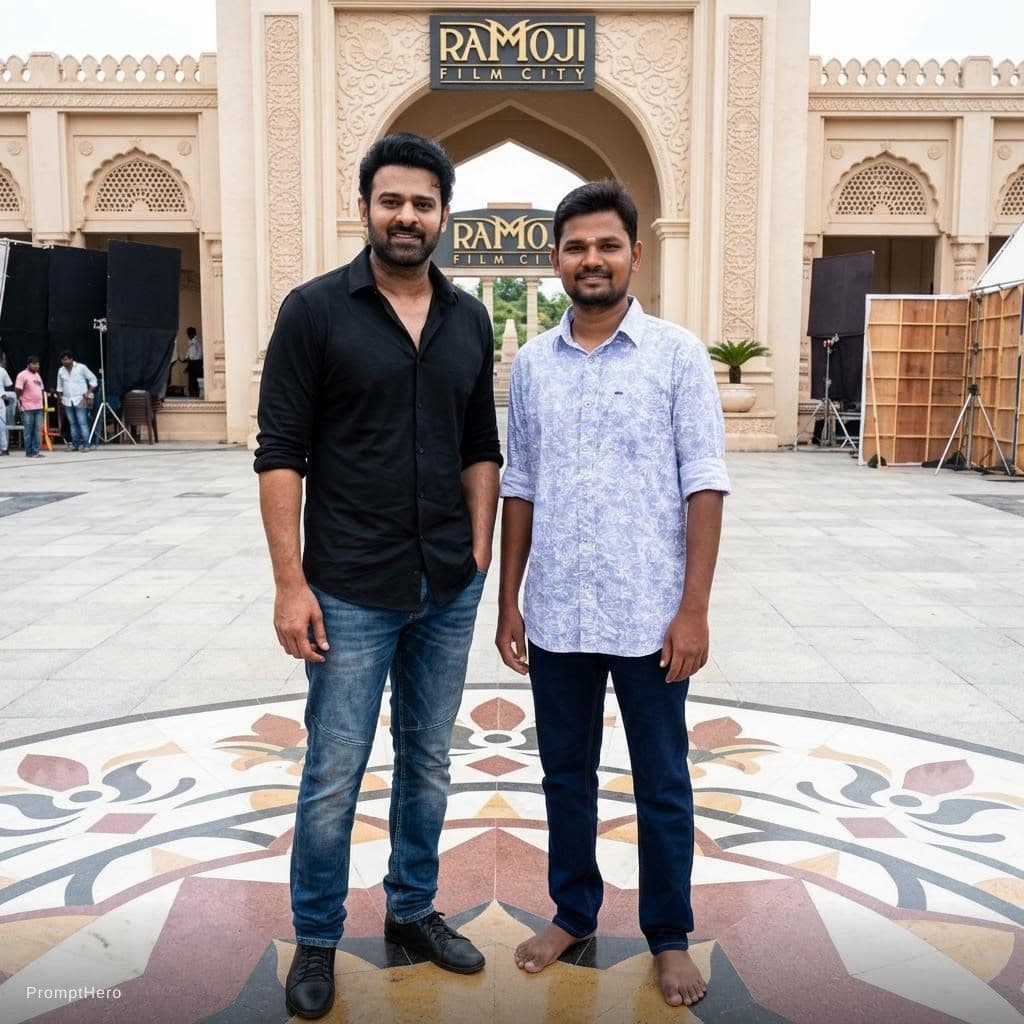 AI generated: Create an image using prompt hero with my favorite hero prabhas at ramoji film City of Hyderabad 