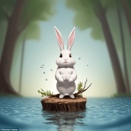 AI generated: a little rabbit named Sami, stuck on a branch in water. Sami has tried to jump across the water but ...