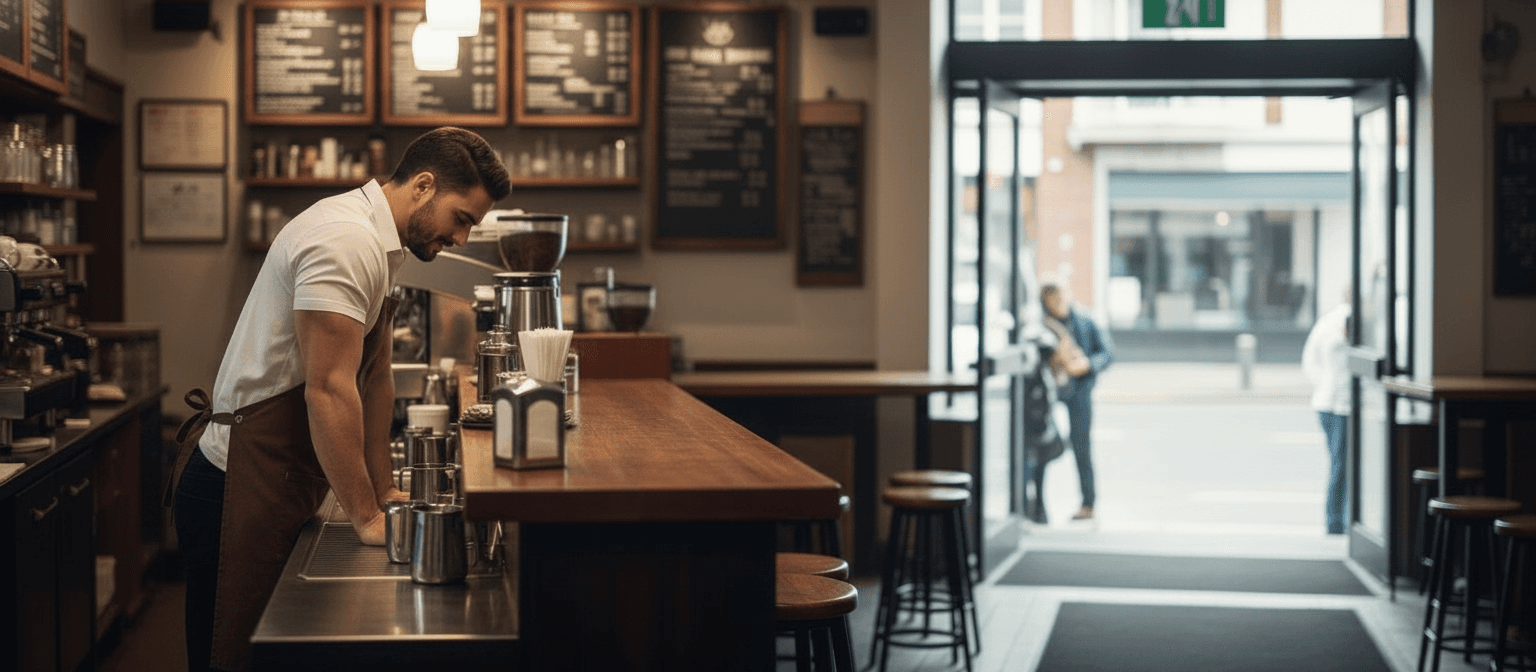 AI generated: A coffee shop with no customers. 

There is a Hispanic male 5 feet tall behind the counter, he is ...