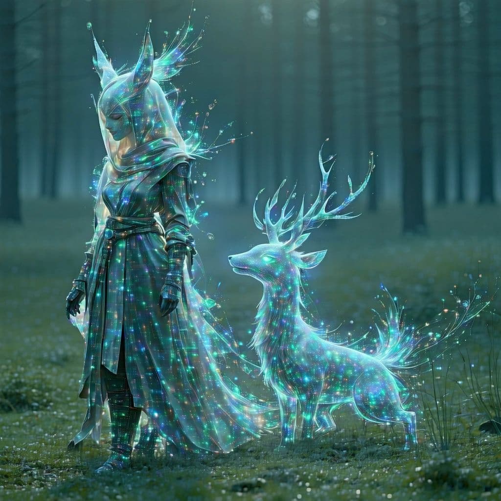 AI generated: A solitary beast master, her form blending into a series of interconnected lines that create the sha...