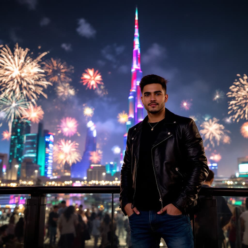 AI generated: A person standing against the backdrop of Dubai's UAE National Day fireworks display, 
with the icon...