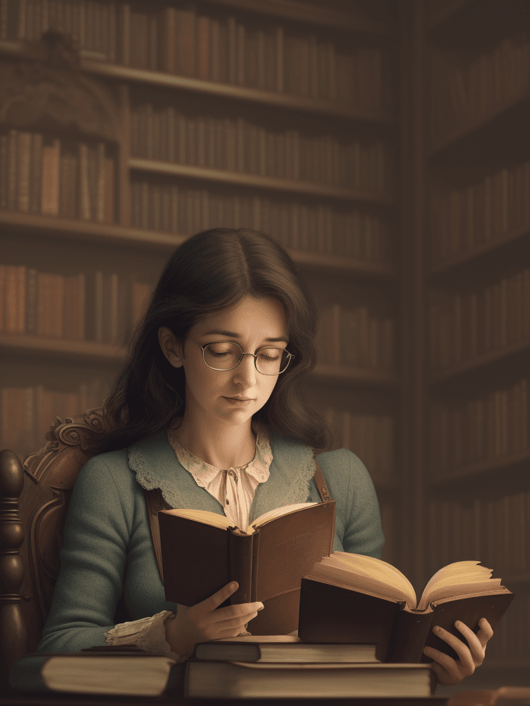 AI generated: woman engrossed in reading amidst a library filled with antique books. The joy of learning, captured...