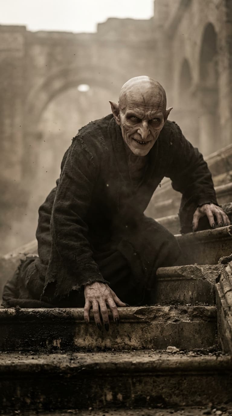 AI generated: Cinematic dark-fantasy character shot, ultra-detailed: a gaunt bald goblin/vampire-like creature cro...