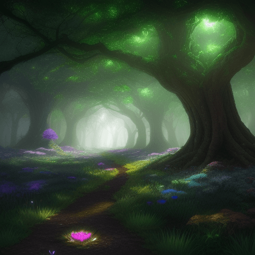 AI generated: fantasy oak forest, lights shines throught the gaps between the trees, dense vegetation, there are g...