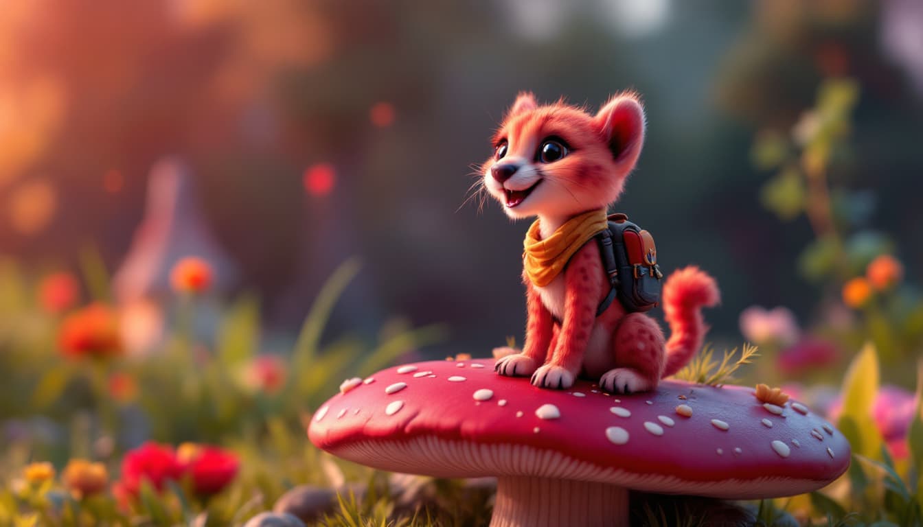 AI generated: cute red cheetah on a whimsical mushroom, wearing tiny adventurer clothes, full body, volumetric lig...